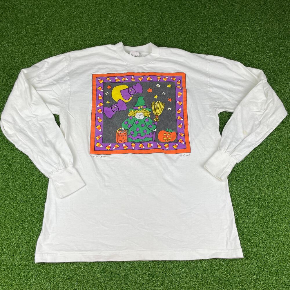 Vintage Fruit of the Loom White Long Sleeve Trick or Treat Festivi Tees Sz L